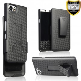 BlackBerry KEYone Case With Tempered Glass Screen Protector Included, Circlemalls Dual Layers [Combo Holster] With Built-In stand For BlackBerry KEYone (Black)
